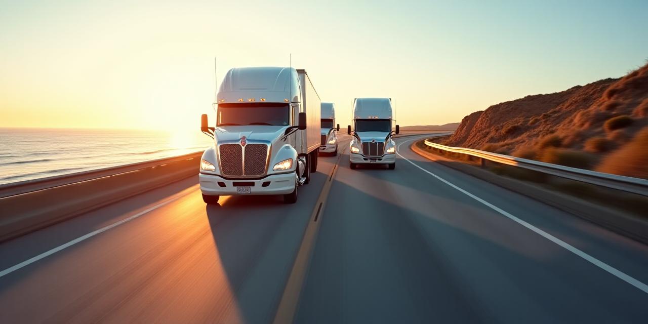 Fleet of modern logistics trucks moving on a highway during daytime